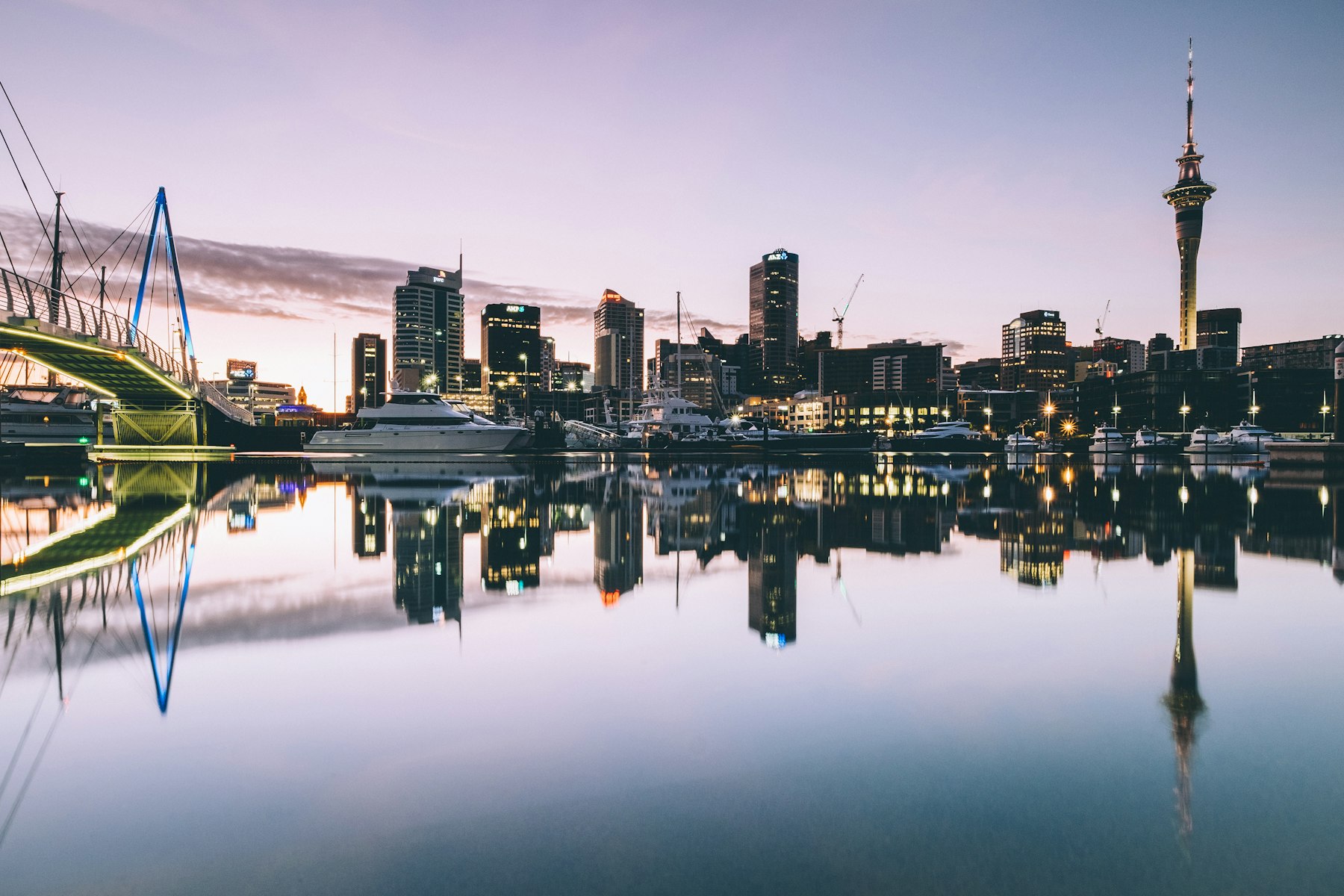 Auckland city buildings and the Sky Tower in warm evening light